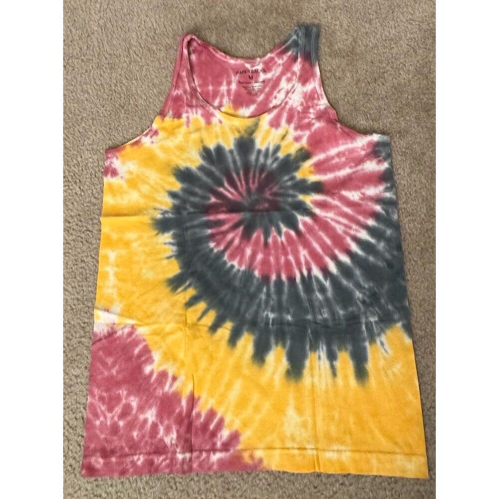 Paperbacks Tie Dye Tank Top Medium Pink Yellow Black Spiral Sleeveless Cotton